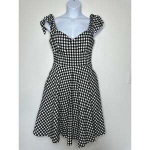 Unique Vintage Fit and Flare Dress Size 14 Gingham Check Tie Shoulder